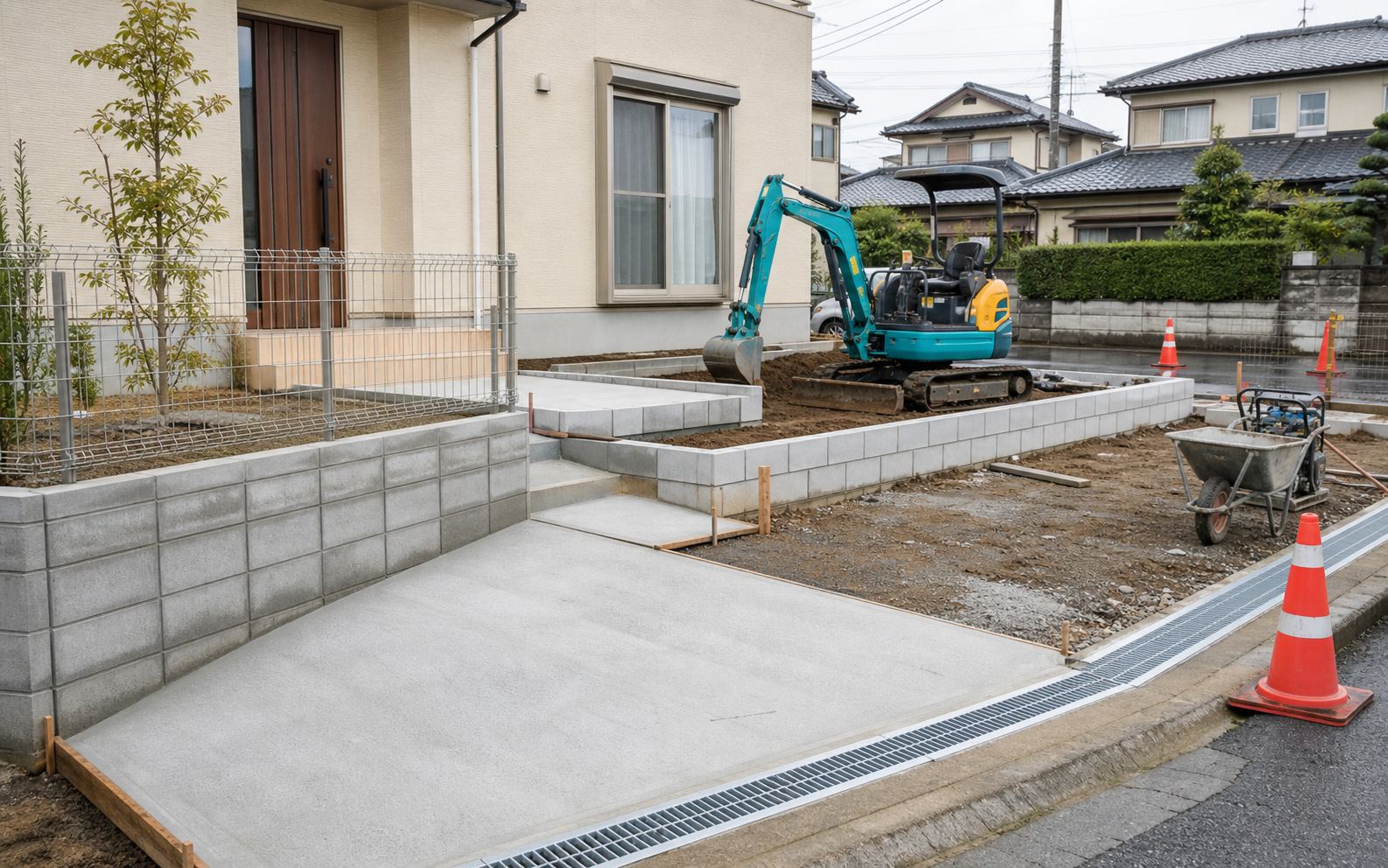 住宅まわりの外構工事と排水設備の現場