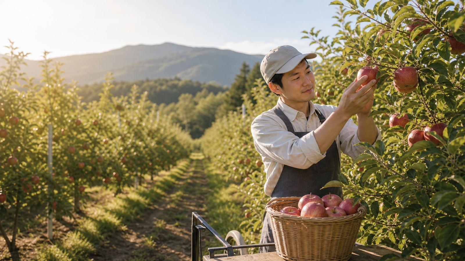 朝の光が入る果樹園で果実を確認する農家